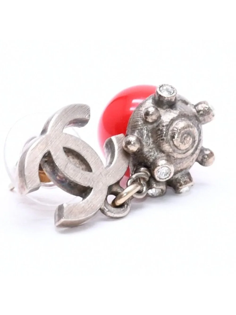 Chanel Earrings CC Logo Red Stone Rhinestone 05 Seashell